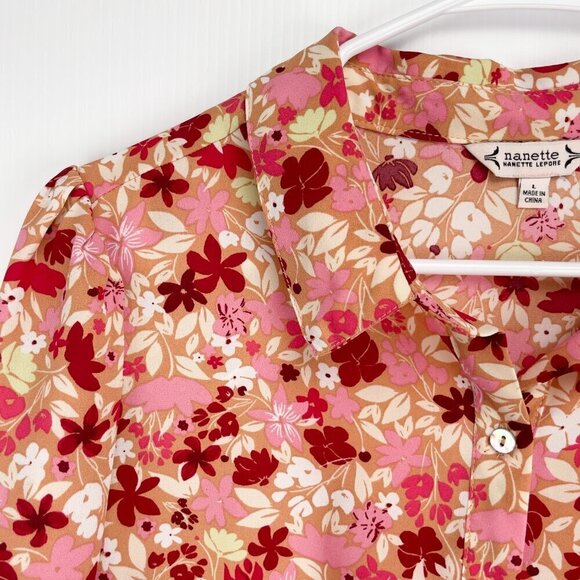 NANETTE LEPORE Boho Pink Burgundy Office Floral Edwardian Puff Button down Top L - Picture 10 of 12